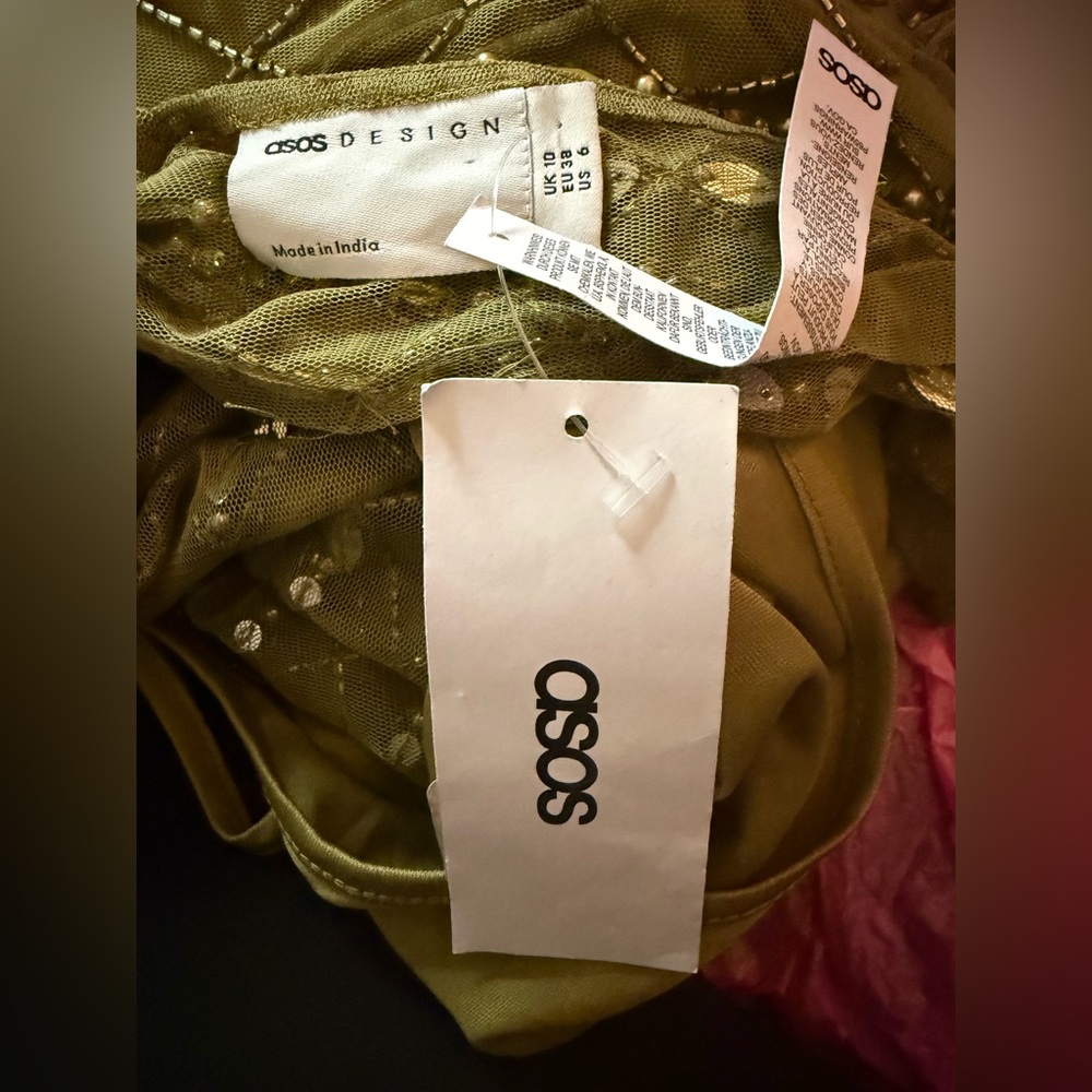 NWT ASOS All Over Embellished Sequin Beaded Maxi Slip Dress in Olive Sz 6 - Picture 5 of 5
